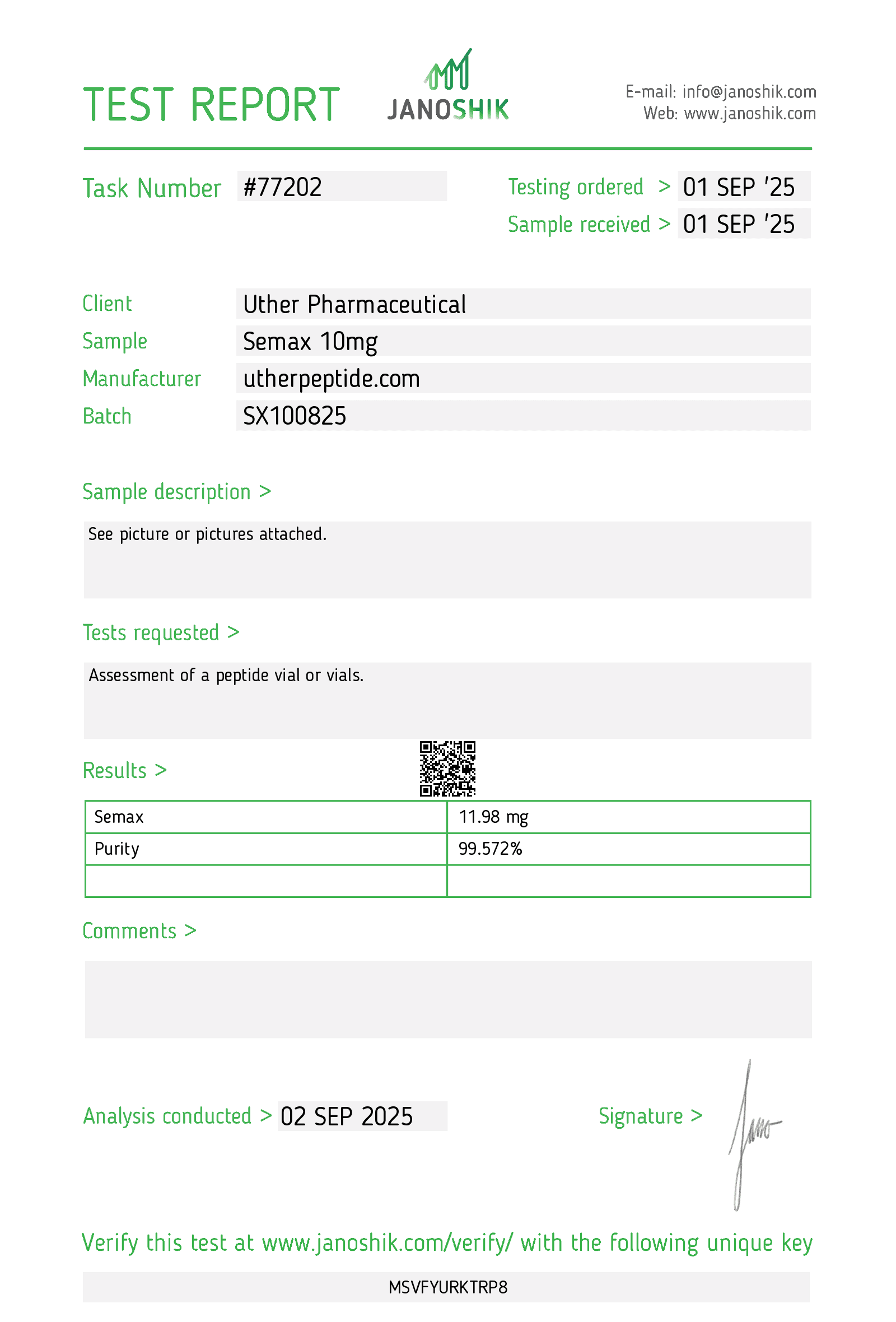 Certificate of Analysis — Semax